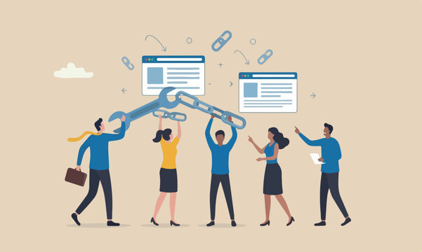 Add back link in, search engine optimization concept, people digital team attach chain link to websites browser for SEO optimization