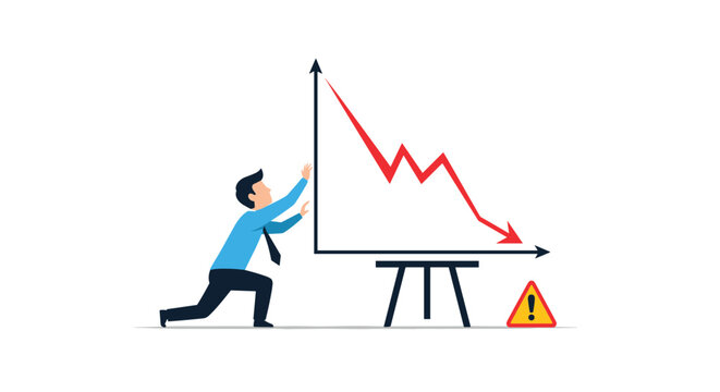 Desperate businessman trying to stop a falling graph arrow representing economic crisis, bankruptcy, and financial loss.