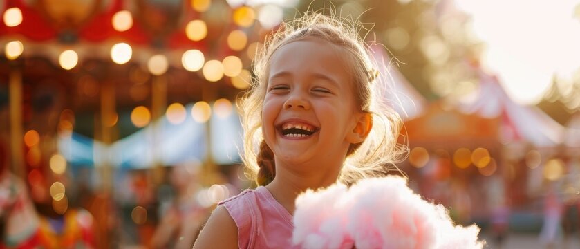 Portrait en gros plan d'une petite fille heureuse tenant une barbe &agrave; papa et riant dans un parc d'attractions. Fond flou avec man&egrave;ge et lumi&egrave;re du soleil en &eacute;t&eacute;