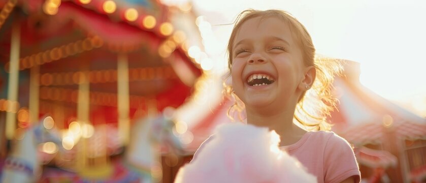  Gl&uuml;ckliches kleines M&auml;dchen lacht mit geschlossenen Augen und Zuckerwatte auf dem Jahrmarkt. Sommer Freizeitpark im unscharfen Hintergrund mit Textfreiraum