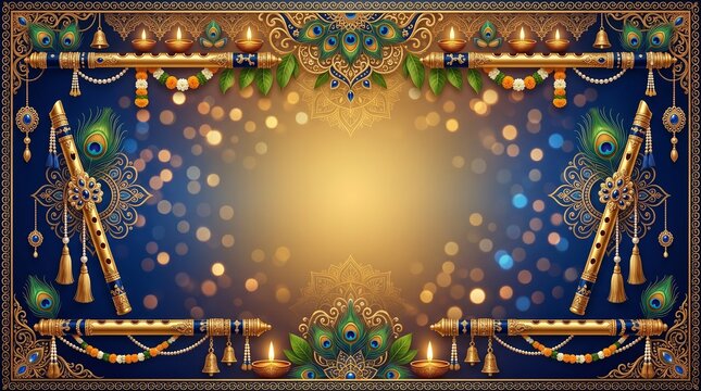 Krishna Janmashtami celebration banner, rich sapphire and gold gradient, decorative flute motifs framing edges