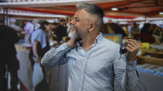 Man holding car keys and rubbing his neck at a crowded street market souvenir stall; discomfort during errands.
