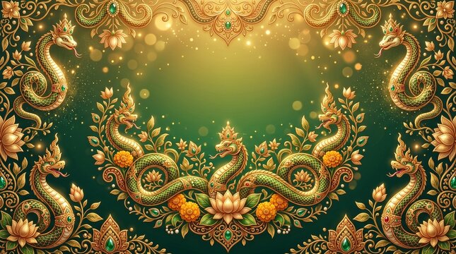 Nag Panchami wallpaper background, deep green to golden gradient, decorative serpent motifs integrated into floral ornaments