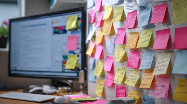Office workspace with sticky notes and computer
