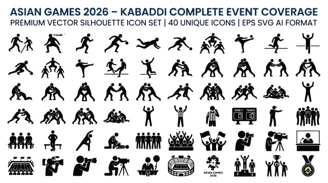 Kabaddi sports silhouette icon set, 40 unique player and event coverage icons, professional athletic competition vector graphics for Asian Games 2026