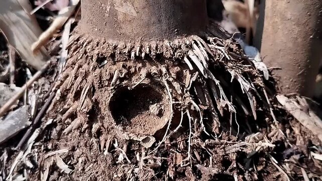 Close up view of dry bamboo roots arranged in a circular growth pattern at the plant base.
