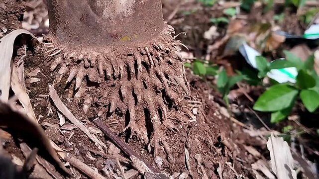 Medium shot of a dry bamboo plant base showing the complete root structure on soil background.
