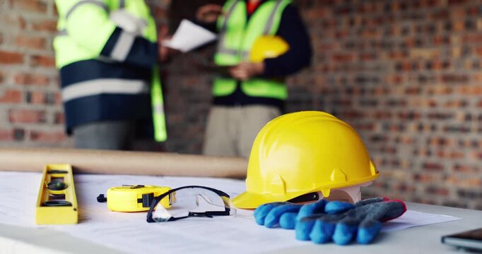People, architecture and helmet on construction site for planning, PPE or building safety. Contractor, documents or paperwork with floor layout, tools or hard hat for civil engineering or security