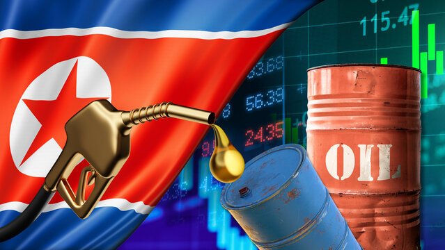 The fluctuations in North Korean oil prices amidst the instability of the financial and economic markets are illustrated by oil barrels, fuel pumps, and data charts against a backdrop of the national 