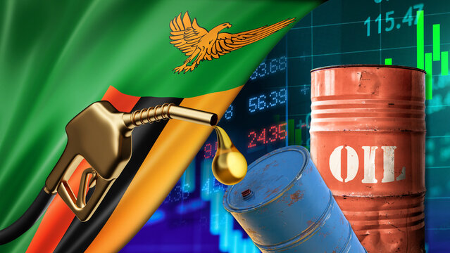 The fluctuations in Zambian oil prices amidst the instability of the financial and economic markets are illustrated by oil barrels, fuel pumps, and data charts against a backdrop of the national flag.