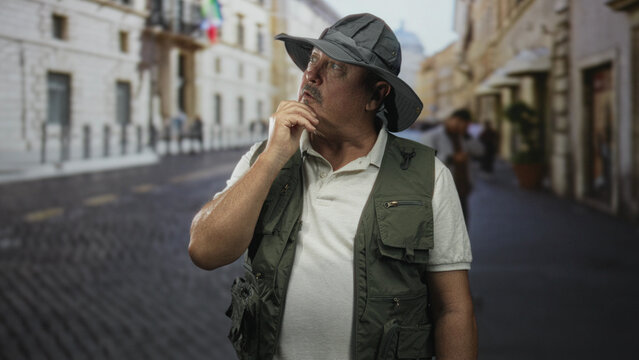Senior hispanic man touching chin, wearing fishing vest, wide brim hat and spectacles on cobblestone street with buildings and pedestrians; quiet contemplation.