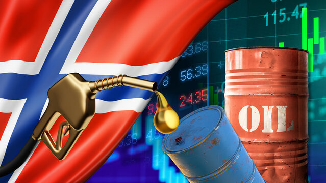 The fluctuations in Norwegian oil prices amidst the instability of the financial and economic markets are illustrated by oil barrels, fuel pumps, and data charts against a backdrop of the national 