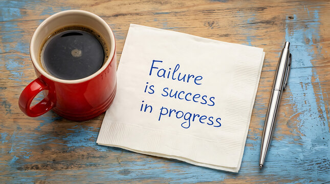 Failure is success in progress, motivational quote on napkin with coffee and pen