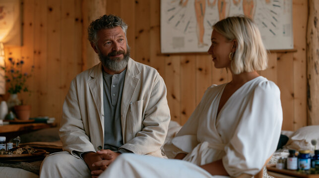 Naturopathic doctor and female patient seated facing each other in a wood-paneled integrative medicine consultation room, acupuncture meridian chart on the wall, an herbal