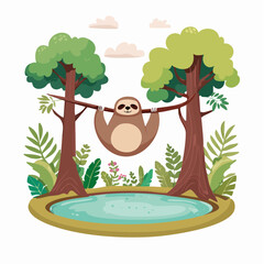Obraz premium Cute Sloth Hanging on Tree Branch in Forest with Pond