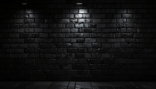 Black brick wall after rain with wet reflections and moody cinematic lighting