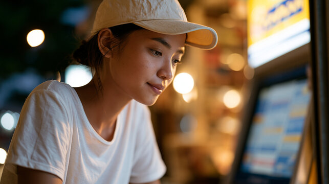 Filipino overseas worker submitting cheap cross-border remittance from convenience store kiosk, September evening, hometown support and diaspora economic contribution,