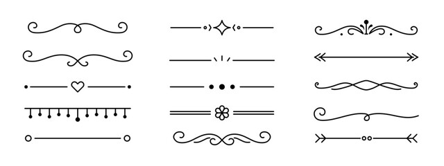 Set of elegant black decorative divider lines with curls, flourishes, arrows, hearts, dots, and ornamental separators for borders and typography design. © Alex