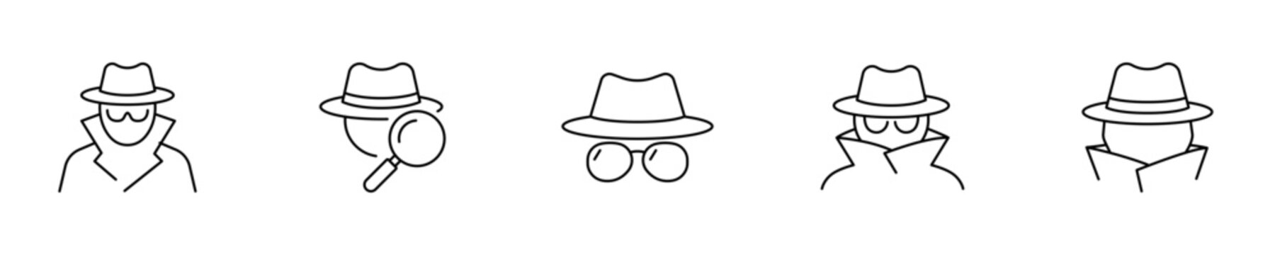 Minimal line icons depicting anonymous detective figures with hats, magnifying glass, and glasses, representing surveillance, investigation, and privacy concepts.