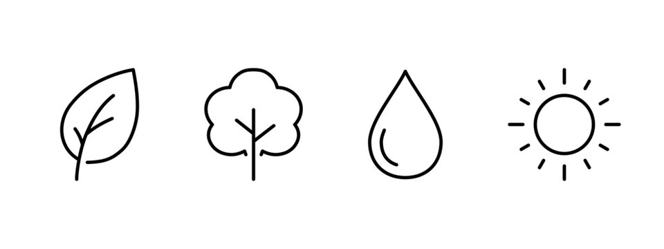 Minimal line icons showing a leaf, a tree, a water drop, and a sun, representing nature elements and eco-friendly environmental symbols in simple outline style.