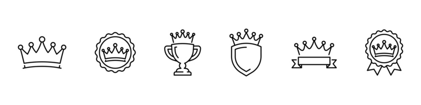 Minimal black line icons set featuring crowns, award medal, trophy cup, shield crest, and ribbon badge symbols for achievement and royalty themes.