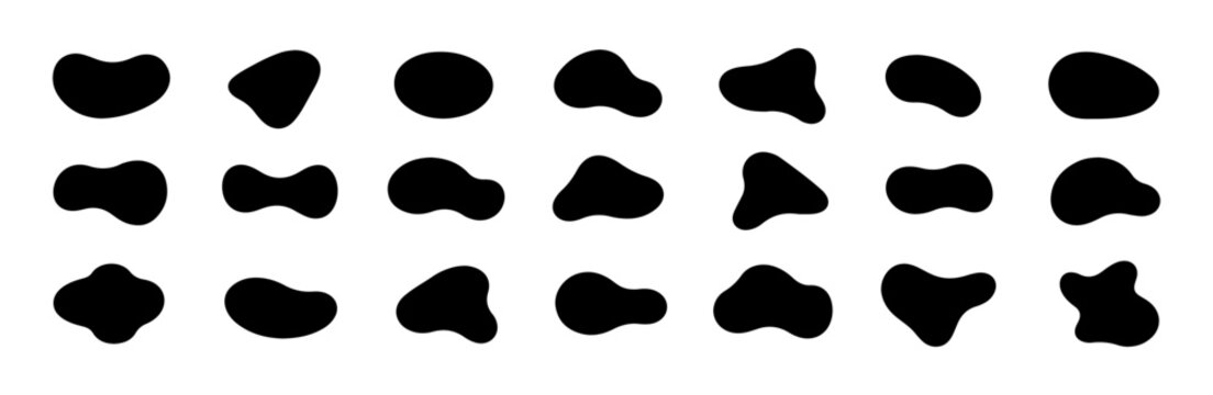 Set of abstract black organic blob shapes in varied silhouettes, minimal irregular spots isolated on white background for design elements and icons.