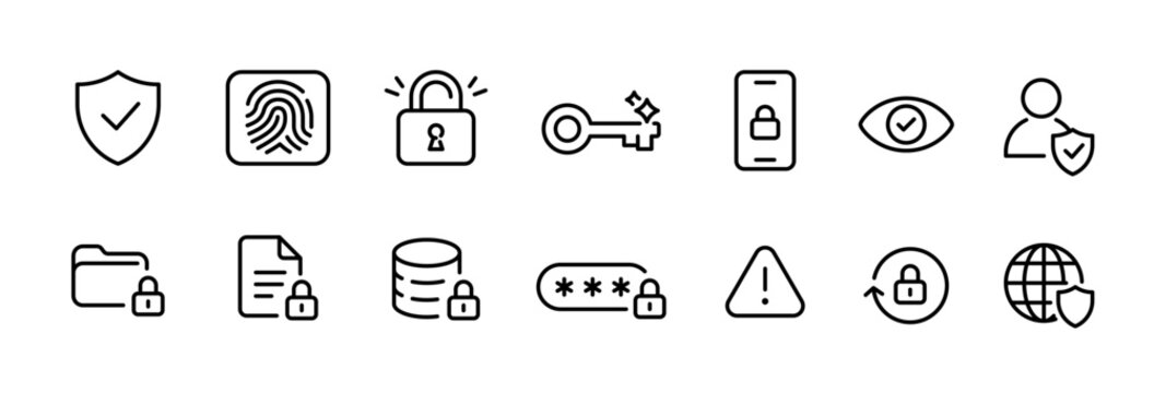Minimal line icons illustrating cybersecurity and data protection concepts, including shield, fingerprint, padlock, key, password, warning, and privacy symbols.