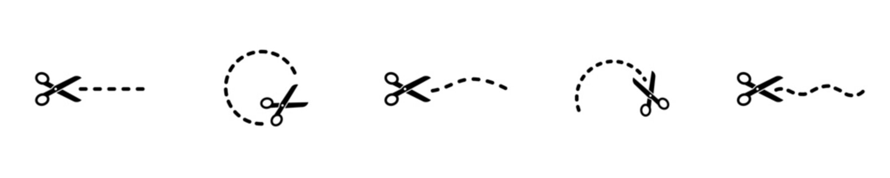 Set of scissors icons cutting along dashed paths, including straight line, curve, spiral, and wavy guides, illustrating cutout and trim actions in black.