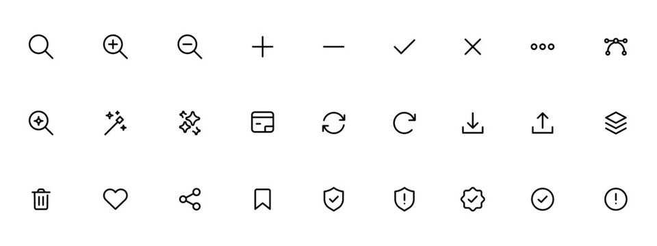 Row of minimalist interface icons with magnifier, zoom controls, check mark, close button, menu dots, and share symbols on a white background.
