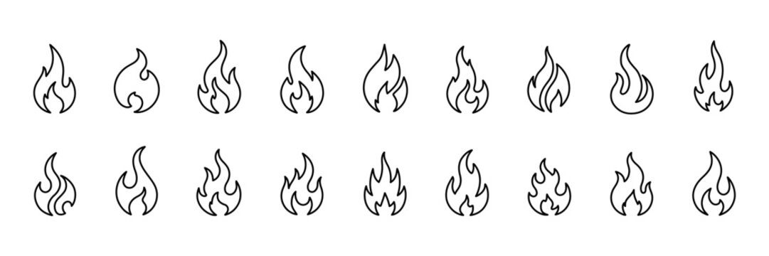 Set of minimal black outline flame icons in multiple shapes, simple fire symbols arranged in rows on a clean white background for design use.