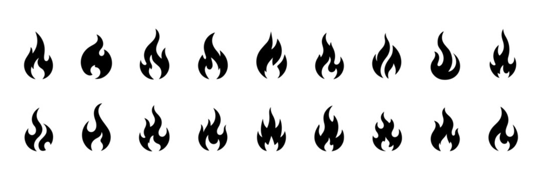 Set of black flame icons in varied shapes and intensities, minimal fire silhouettes arranged in rows on a white background for design use.