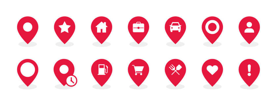 Set of red map pin icons with symbols for location, navigation, home, shopping, dining, fuel, car, user, favorites, and alerts on white background.