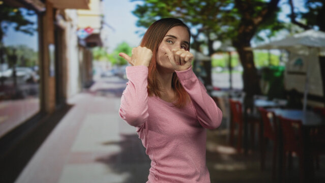 Woman pointing thumb over shoulder with bare thumb and clasped hand visible in a sunlit street cafe; playful confidence.