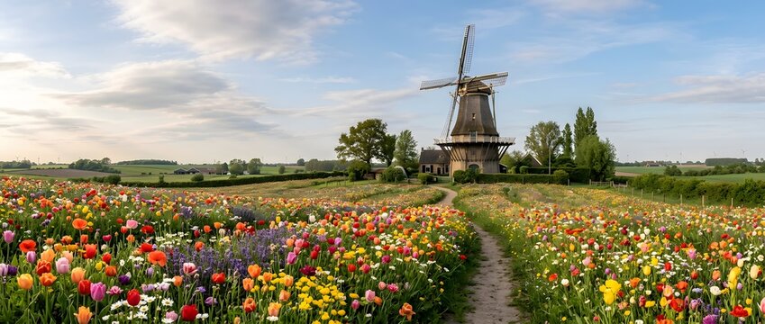 Vibrant flower field with traditional windmill under a clear blue sky