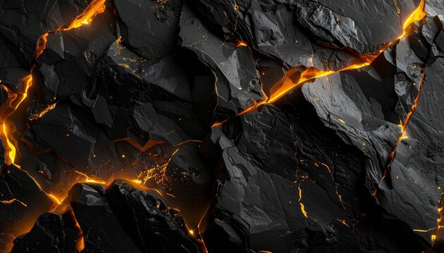 Black stone texture with glowing amber lava cracks and dramatic contrast