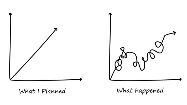 What I planned vs what happened business graph doodle. Reality vs expectation concept.