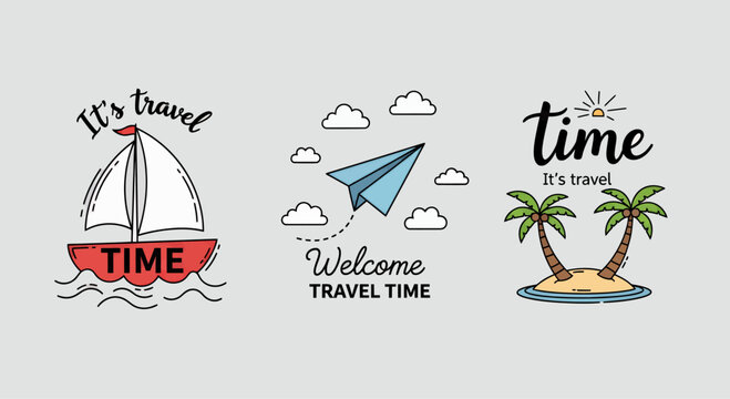 Summer vacation sailing boat and tropical island vector illustration emblem label design