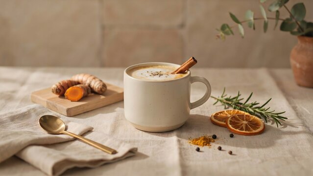 Golden turmeric latte mug on linen surface &ndash; Suitable for holistic healing articles, wellness brand marketing, or warm drink ads.