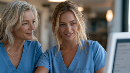 Fototapeta premium Intergenerational pair of nurses — experienced mentor and new graduate — review certification program completion documentation on nursing station terminal, credential checklist