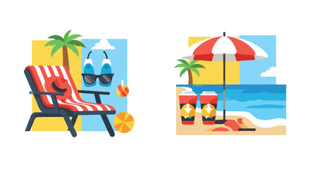 This vector illustration features two vibrant beach scenes with summer essentials like deck chairs, umbrellas, sunglasses, and cold drinks. © Malik