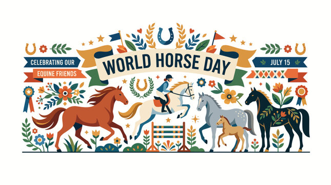 Flat vector World Horse Day banner featuring colorful galloping horses jumping obstacles and floral folk art