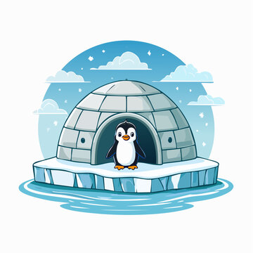 Cute cartoon penguin in an igloo on ice
