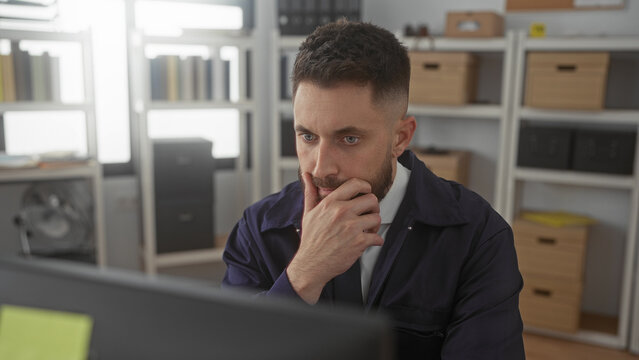 Man detective touching chin while studying monitor at desk in building reviewing case files and evidence on screen; focus problem solving.