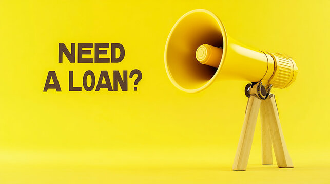 Megaphone and text need a loan on yellow background. Concept of financial advice banking and credit services