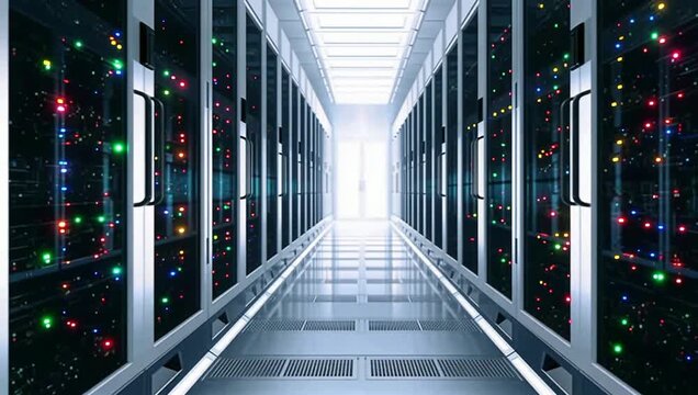 Futuristic Data Center Server Room With Glowing Network Lights