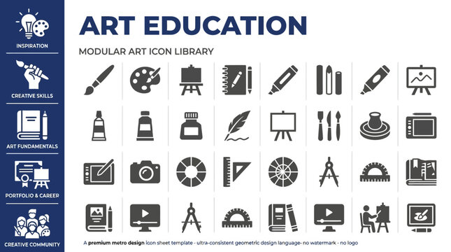 Modular art education icon library featuring creative tools, art supplies, and learning concepts