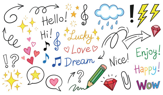 A vibrant set of hand-drawn doodle elements featuring arrows, cheerful text ('Hello', 'Lucky', 'Love', 'Enjoy', 'Happy', 'Wow'), sparkling stars, hearts, music notes, weather icons, punctuation, and o
