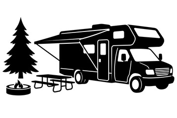 Obraz premium Summer mountain camping trip with fir tree and camper van