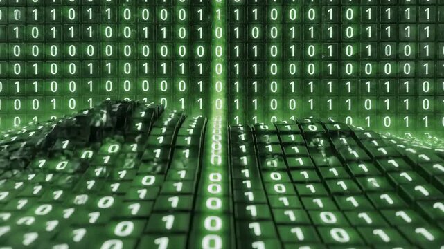 Futuristic Binary Code Wave with Glowing Green 3D Cubes and Digital Data Stream ideal for cybersecurity backgrounds and tech presentations.