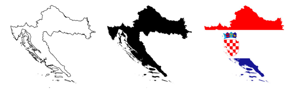 Croatia Map Silhouettes with National Flag, Territorial Country Outline, borders